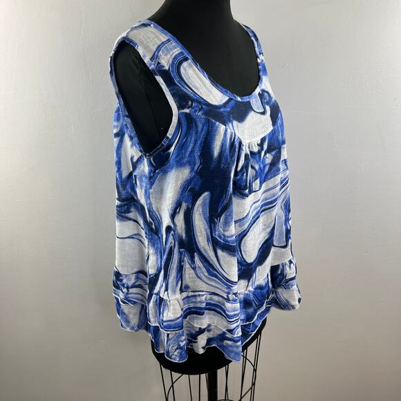 Piazza Del Tempio White Blue Tiered Top Linen Abstract Print Scoop Neck Size XL - Picture 5 of 12